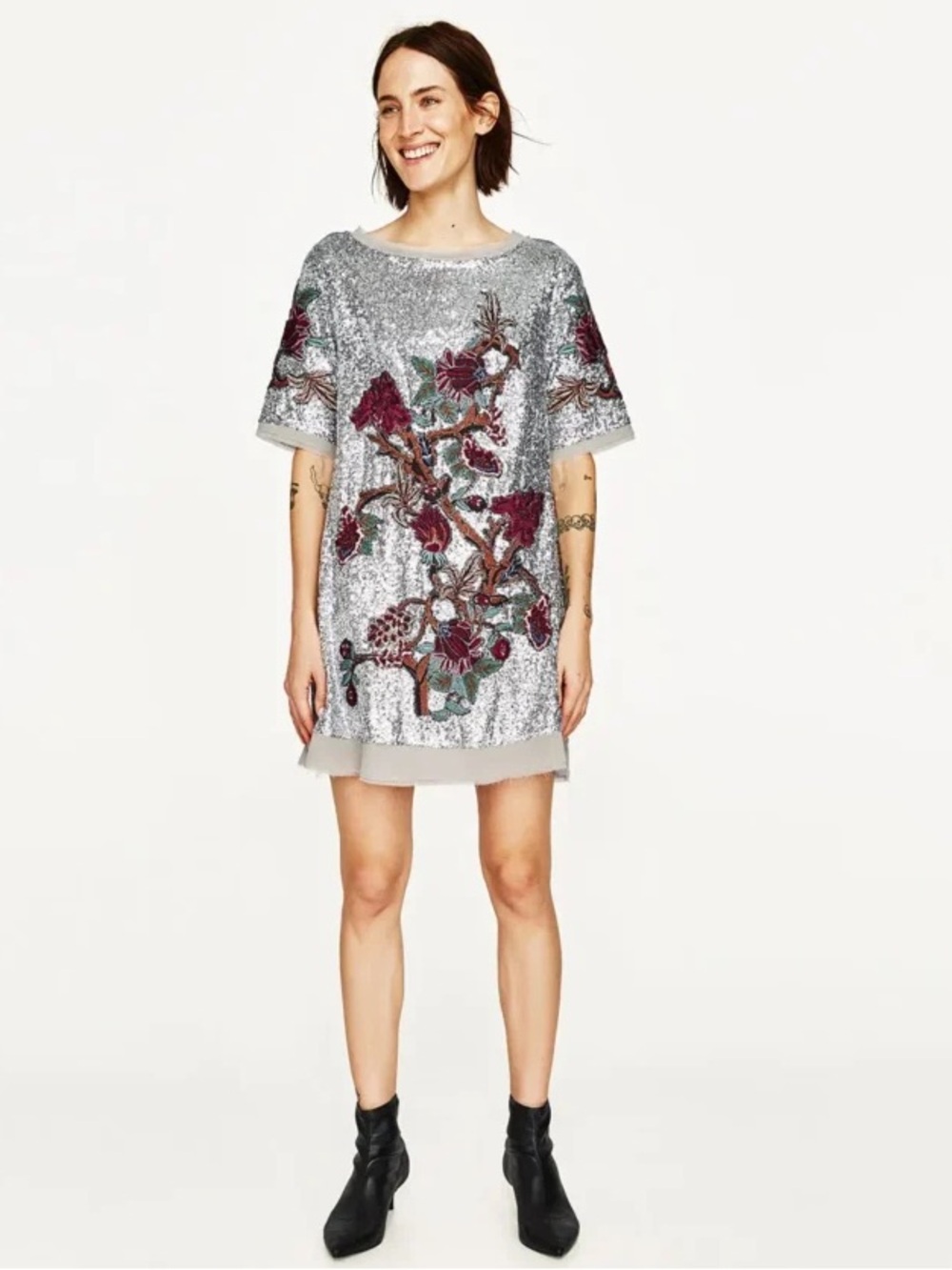 NWT Zara Silver Sequin Mini Dress with Burgundy Floral Embroidery